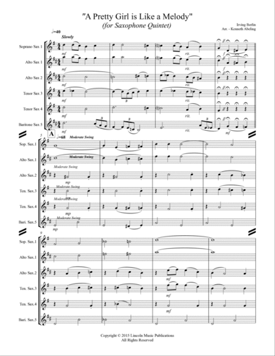 A Pretty Girl is Like a Melody (for Saxophone Quartet) Saxophone Quartet scores gallery preview page 2