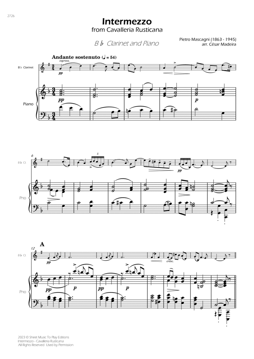 Intermezzo from Cavalleria Rusticana - Bb Clarinet and Piano (Full Score) image number null