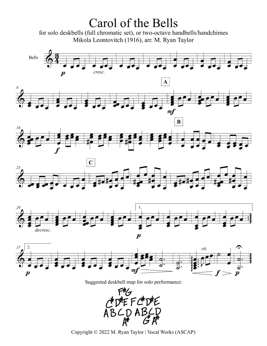 Carol of the Bells arr. for Desk Bells Percussion scores gallery preview page 1