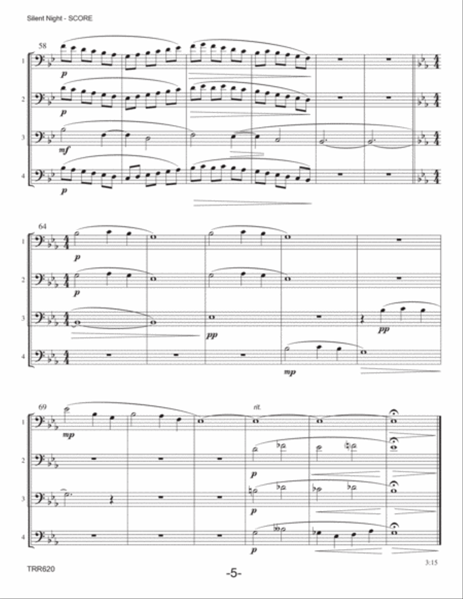 SILENT NIGHT - Trombone Quartet (Grade 3+) - includes Baritone TC for all parts Brass Ensemble scores gallery preview page 5