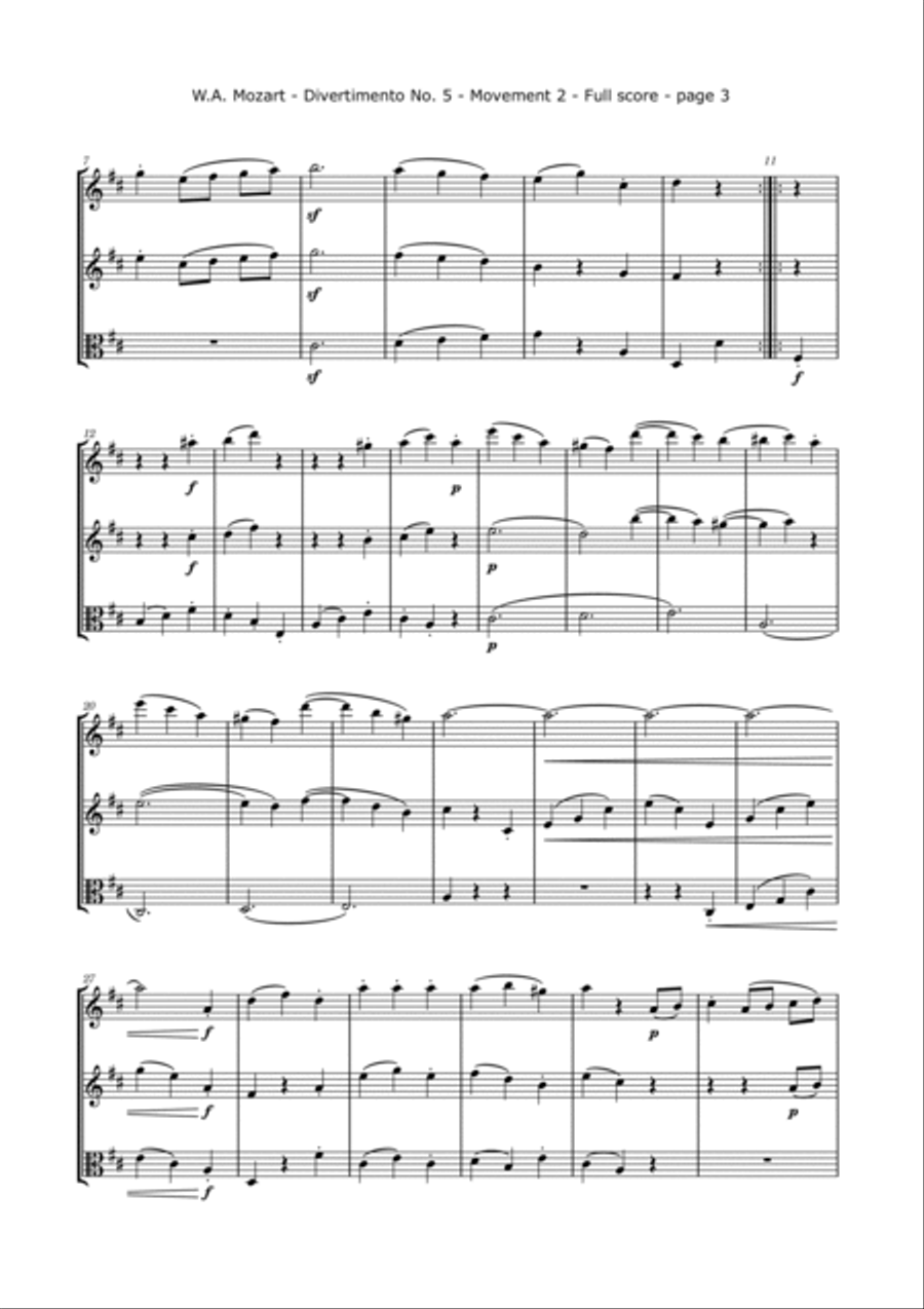 Mozart, W.A. - Divertimento No. 5, KV. 229 for 2 Violins and Viola String Trio scores gallery preview page 3