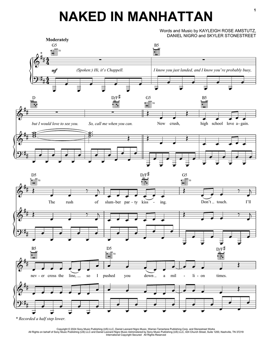Naked In Manhattan Piano, Vocal, Guitar scores gallery preview page 1