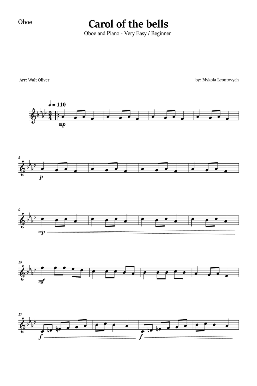 Carol of the Bells for Oboe and Piano (Very Easy - Beginner) in F minor - With Chords Piano scores gallery preview page 4