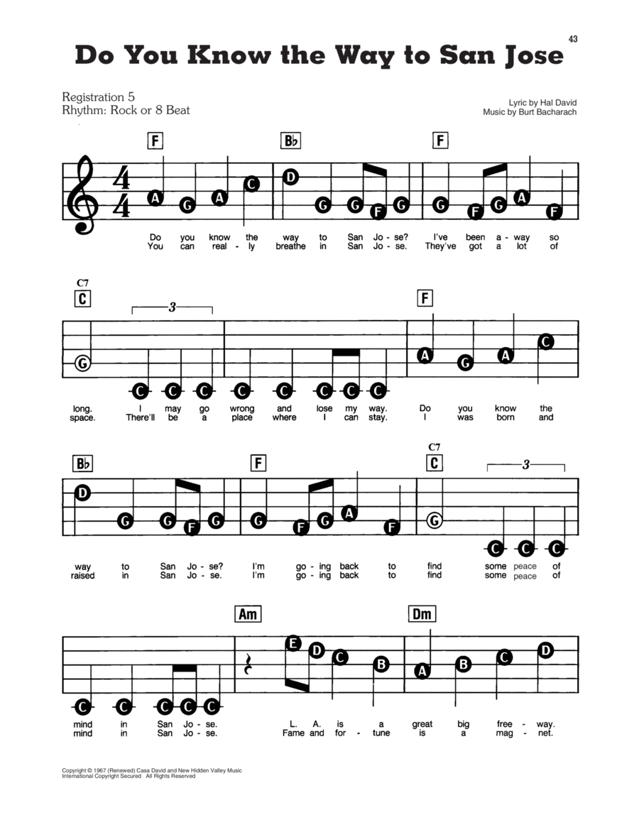 Do You Know The Way To San Jose Electronic Keyboard scores gallery preview page 1