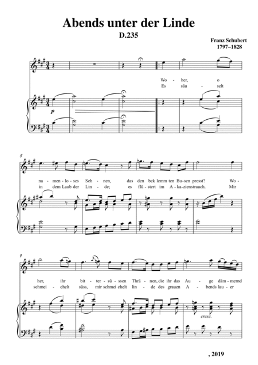 Schubert-Abends unter der Linde,D.235 in A for Vocal and Piano Voice scores gallery preview page 2