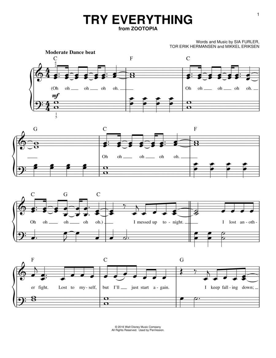 Try Everything (from Zootopia) Easy Piano scores gallery preview page 1