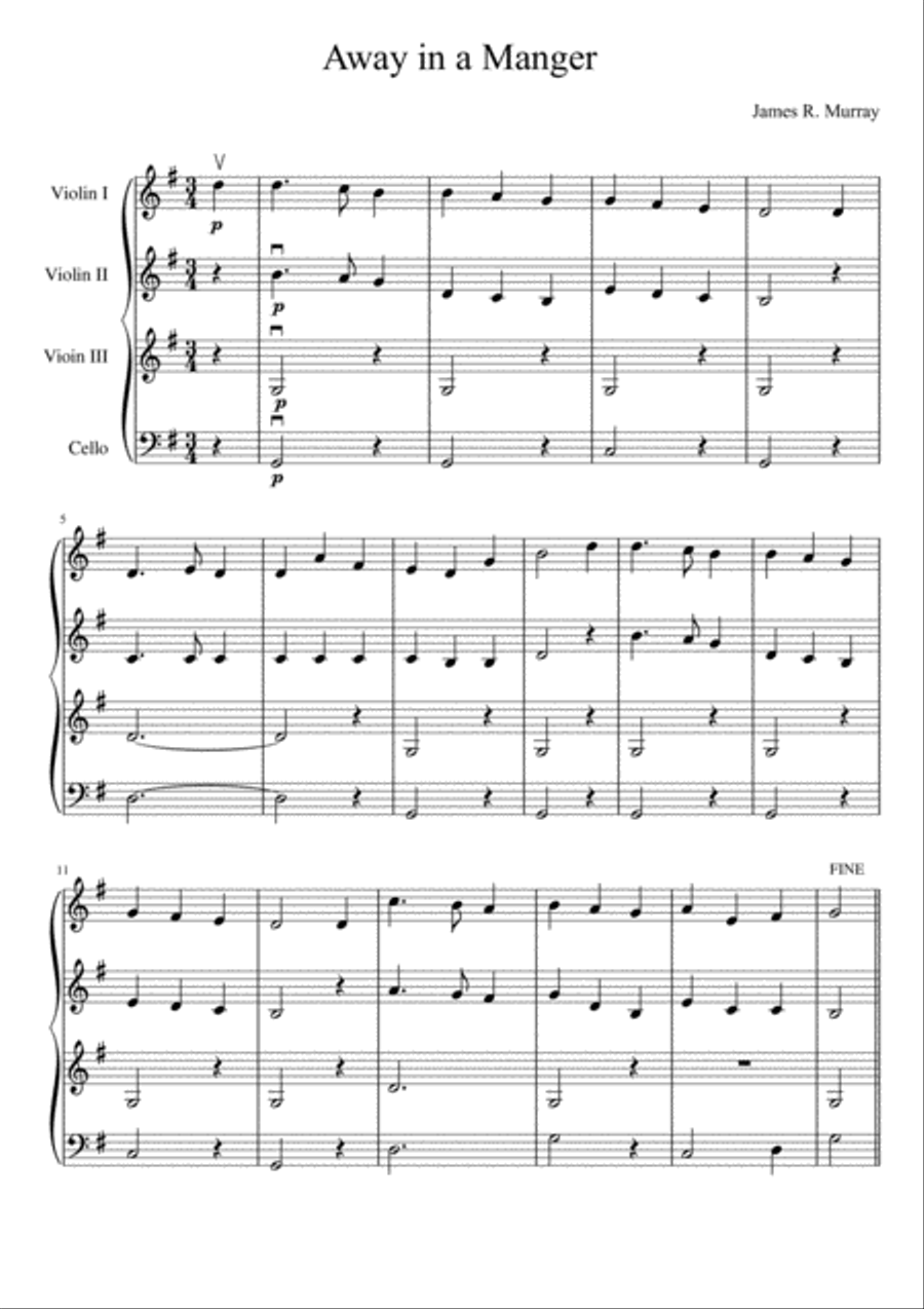 Away in a Manger (three violins and cello) String Quartet scores gallery preview page 2