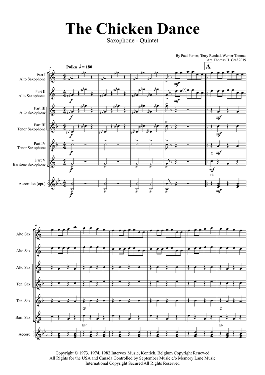 The Chicken Dance Saxophone Quintet scores gallery preview page 1
