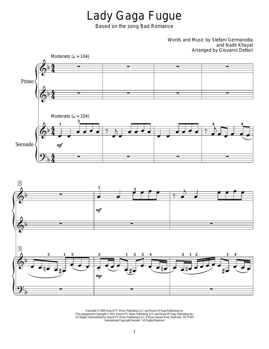 Lady Gaga Fugue Piano Duet scores gallery preview page 1