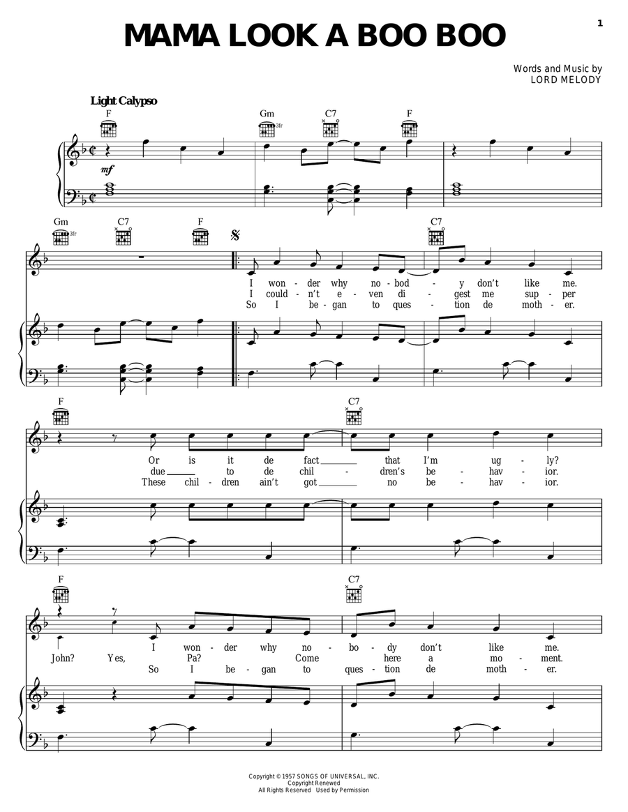 Mama Look A Boo Boo Piano, Vocal, Guitar scores gallery preview page 1