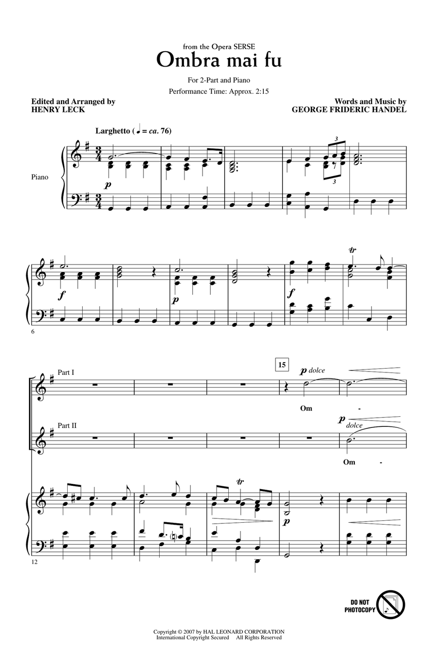 Ombra Mai Fu (from Serse) (arr. Henry Leck)