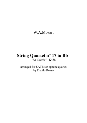 Book cover for Wolfgang Amadeus Mozart: String Quartet no. 17 in Bb K 458, arranged for SATB saxophone quartet by D