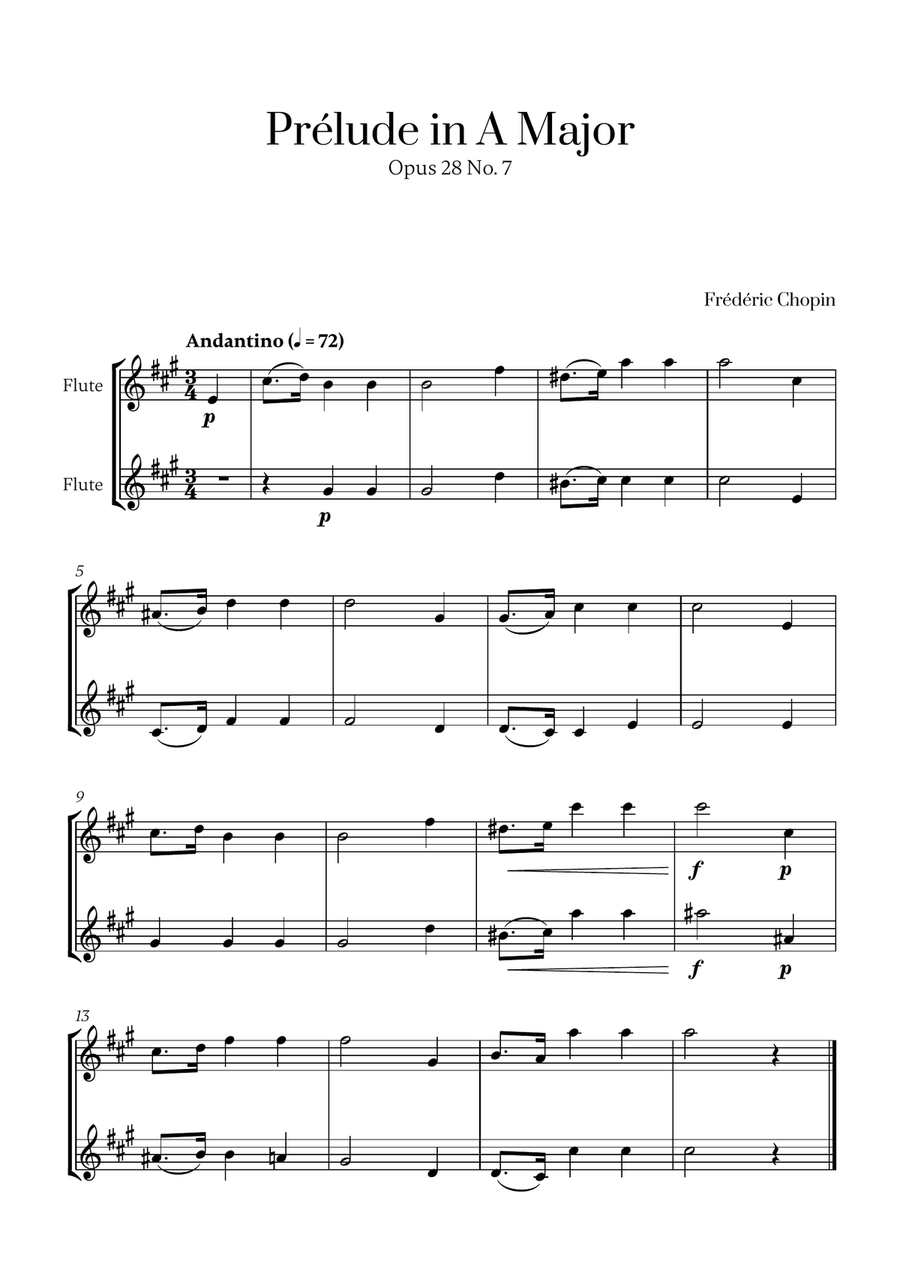 Chopin - Prelude in A Major Op. 28 No. 7 (for Flute Duet) Flute Duet scores gallery preview page 1