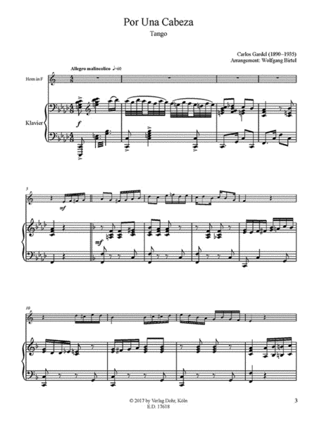 Por Una Cabeza -Tango- (für Horn (F) und Klavier)
