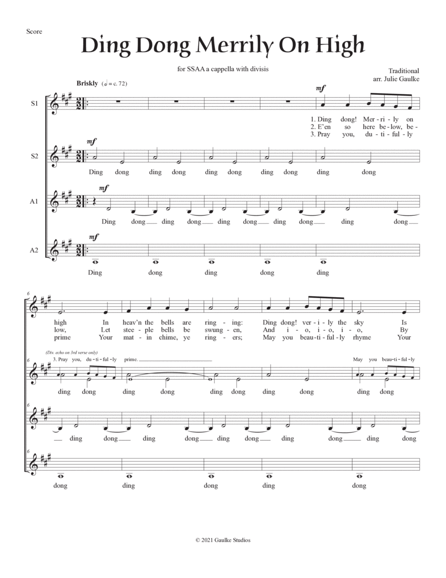 Ding Dong Merrily On High for SSAA a cappella with DIVISIS SSAA scores gallery preview page 1