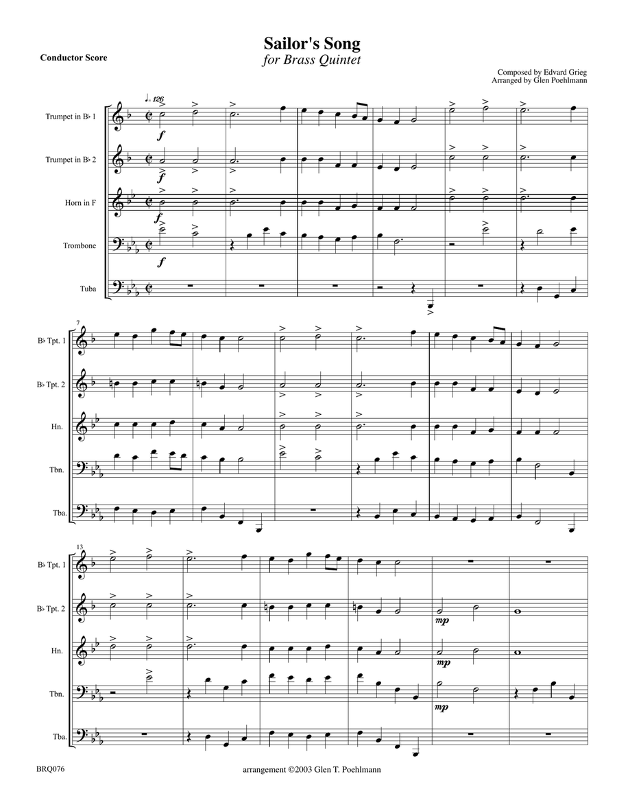 SAILORS SONG (Grieg) arranged for BRASS QUINTET Brass Quintet scores gallery preview page 1