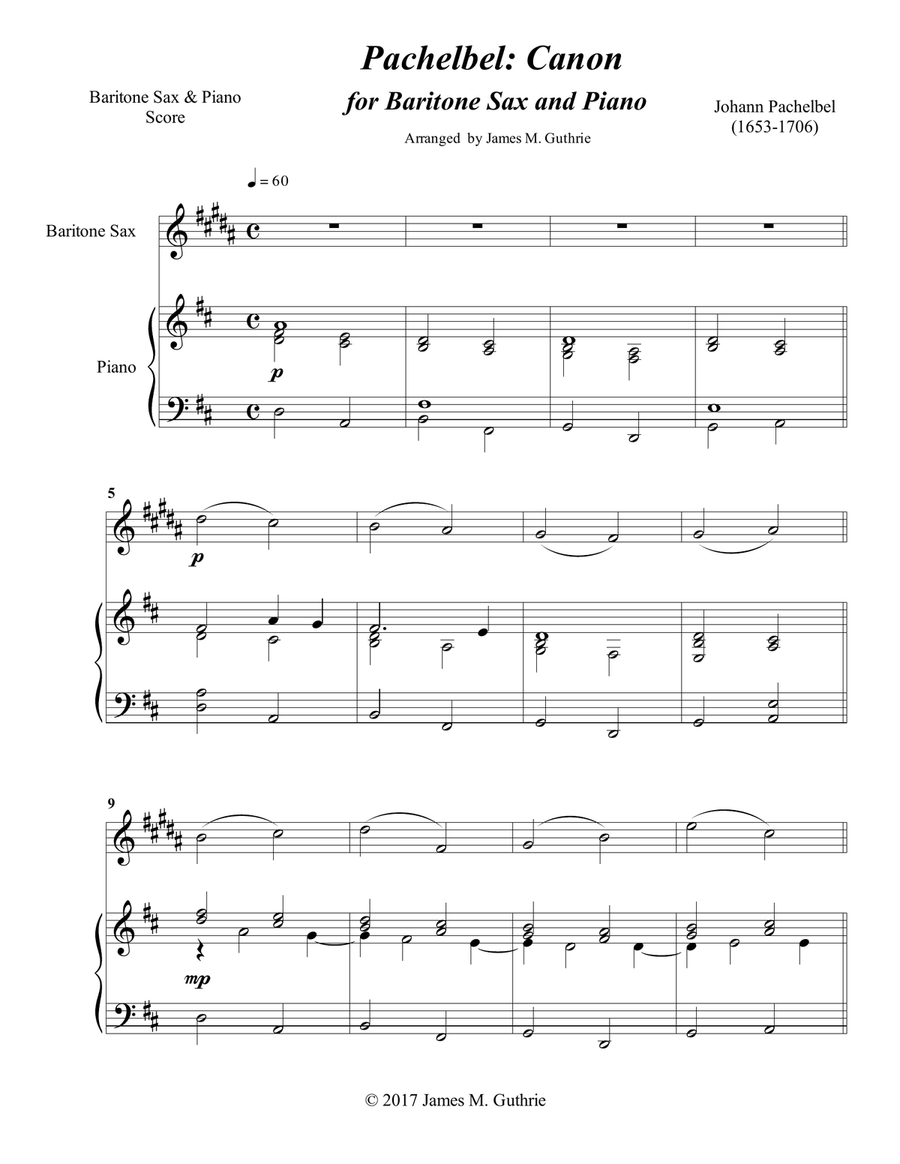 Pachelbel: Canon for Baritone Sax & Piano Baritone Saxophone scores gallery preview page 1