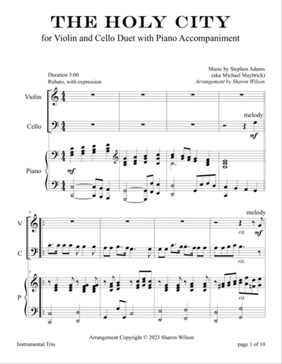 The Holy City (for VIOLIN and CELLO Duet with PIANO Accompaniment) Piano Trio scores gallery preview page 5