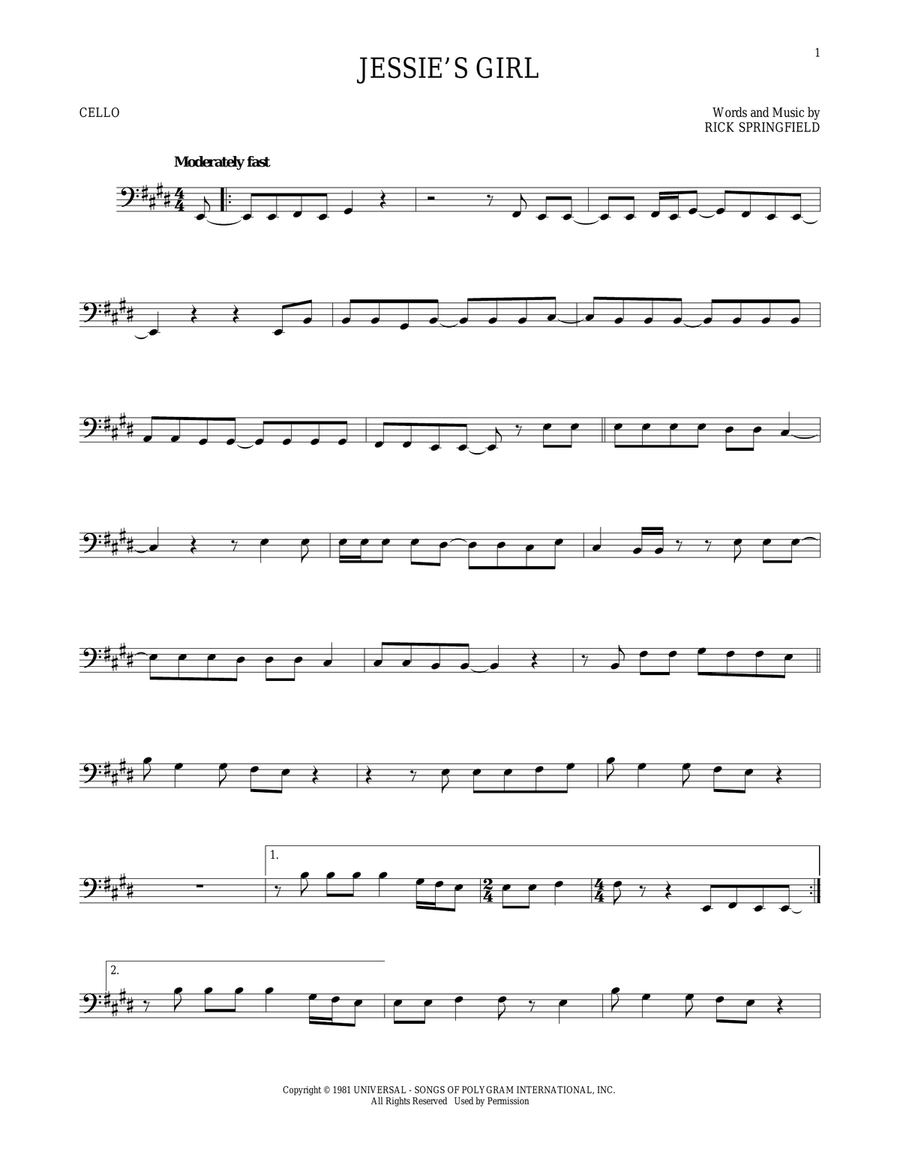 Jessie's Girl Cello Solo scores gallery preview page 1