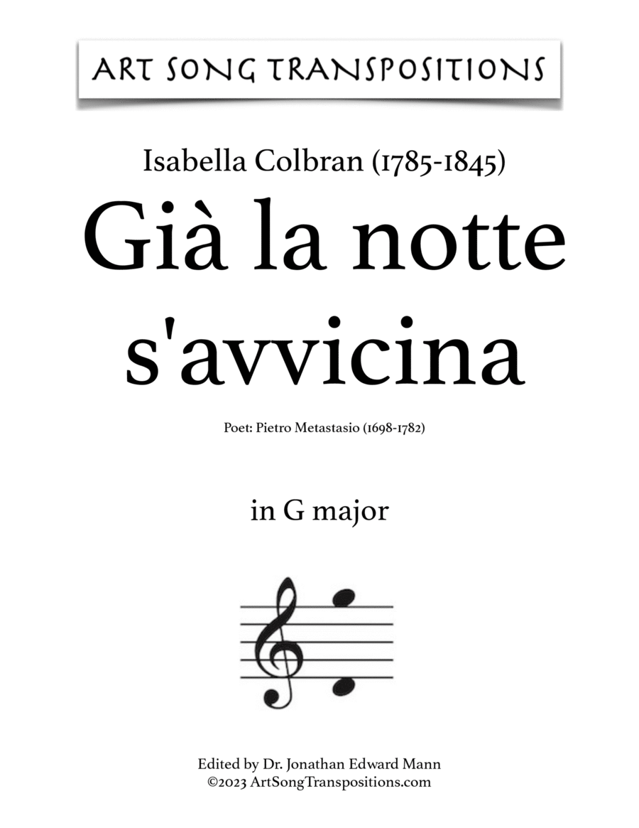 COLBRAN: Già la notte s'avvicina (transposed to G major) Voice scores gallery preview page 1