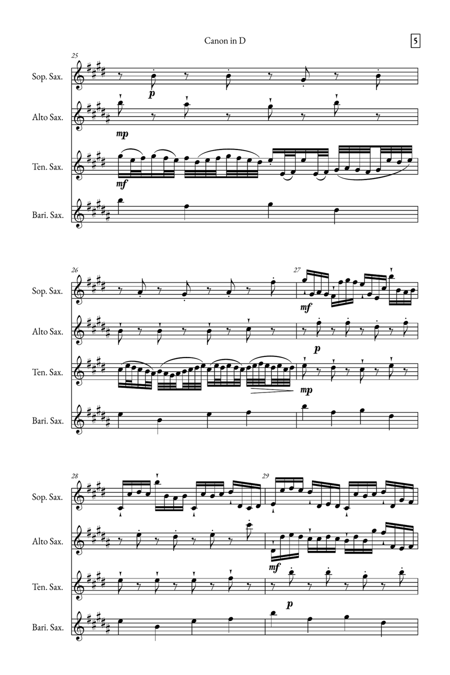 Canon in D Saxophone Quartet scores gallery preview page 5