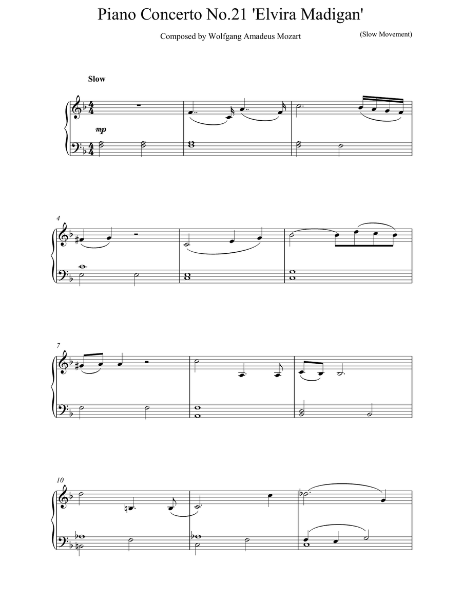 Piano Concerto No.21 Elvira Madigan - (Slow Movement) Piano Solo scores gallery preview page 1