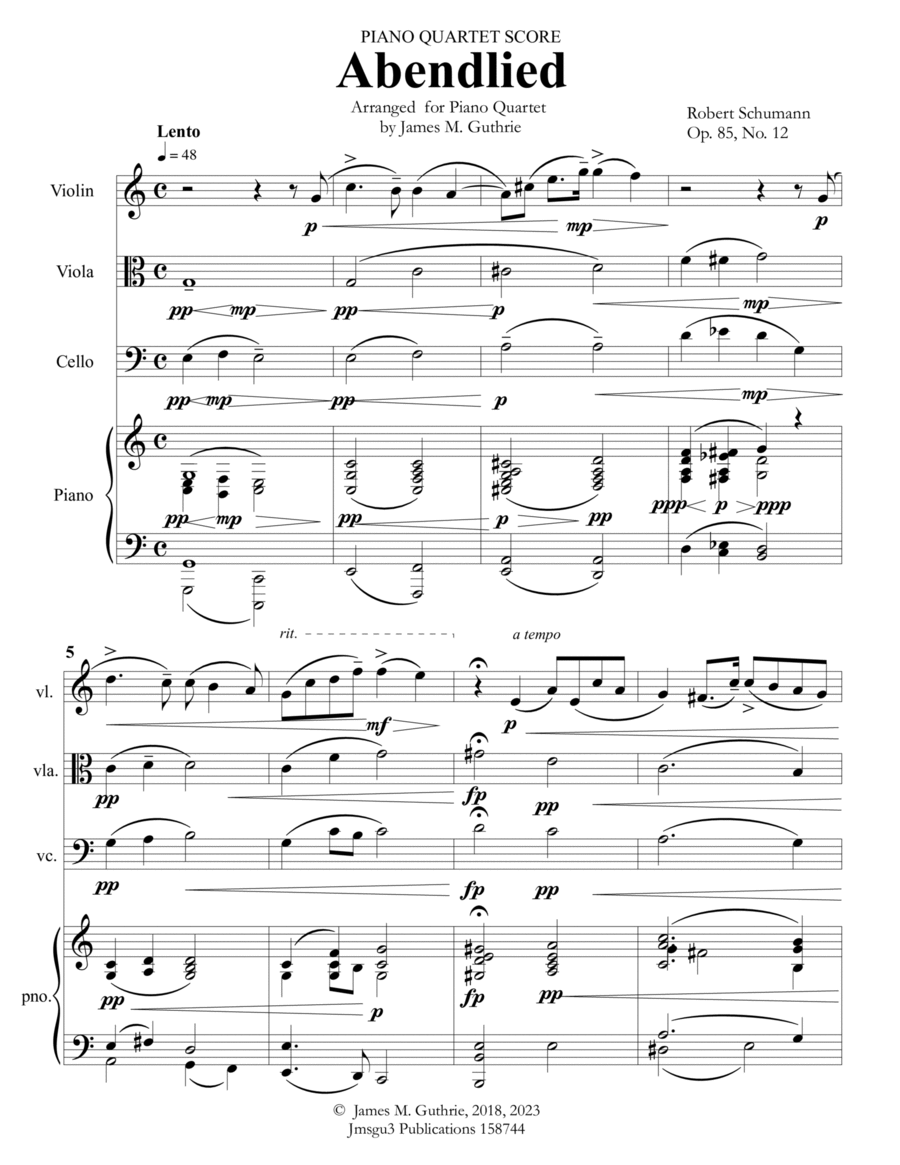 Schumann: Abendlied for Piano Quartet Piano Quartet scores gallery preview page 1
