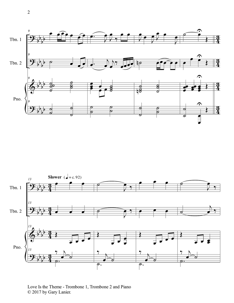 LOVE IS THE THEME (Trio – Trombone 1, Trombone 2 & Piano with Score/Parts) Trombone Trio scores gallery preview page 3