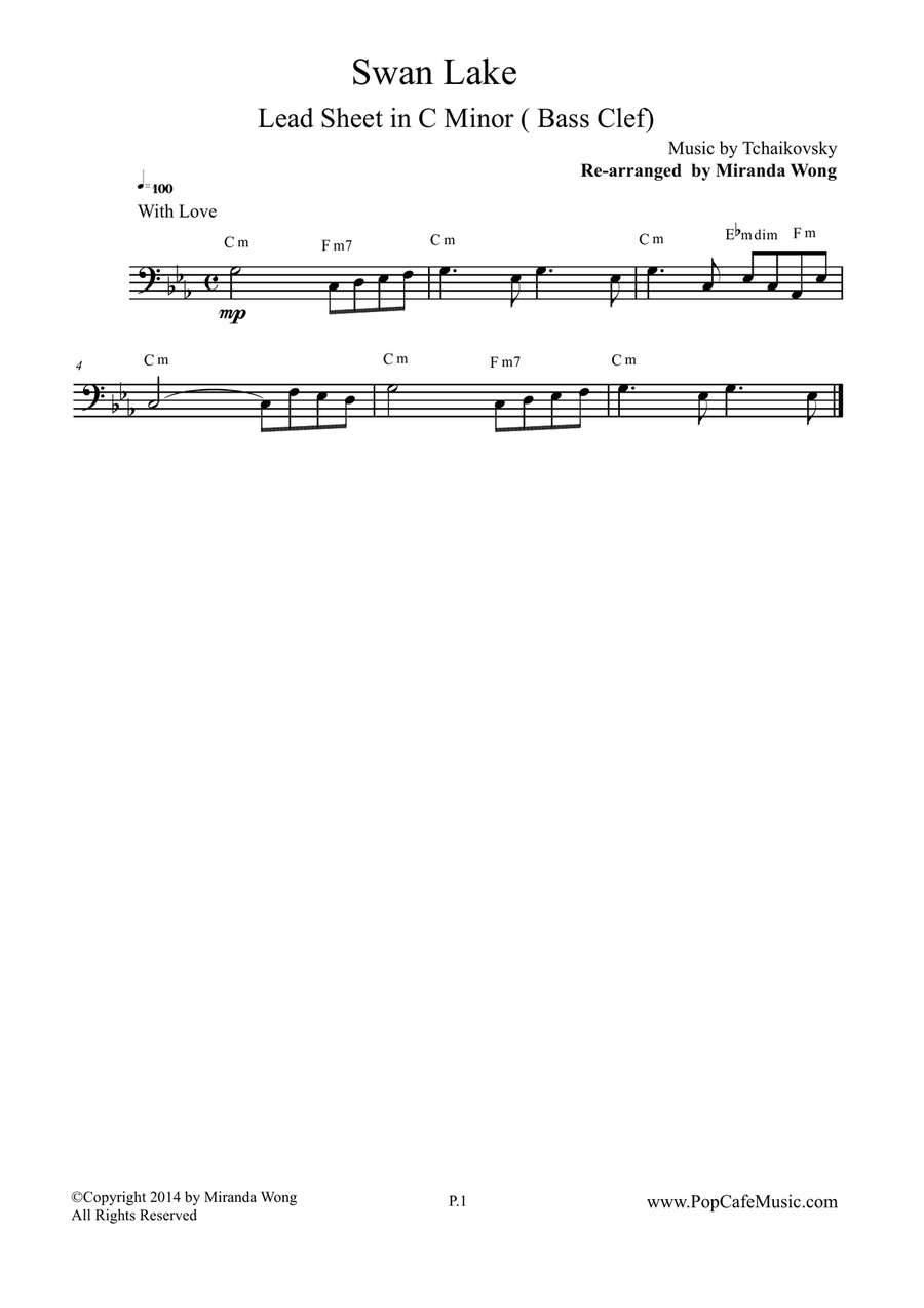 Swan Lake - Cello Solo in C Minor (Bass Clef) - Most Romantic Theme Small Ensemble scores gallery preview page 1