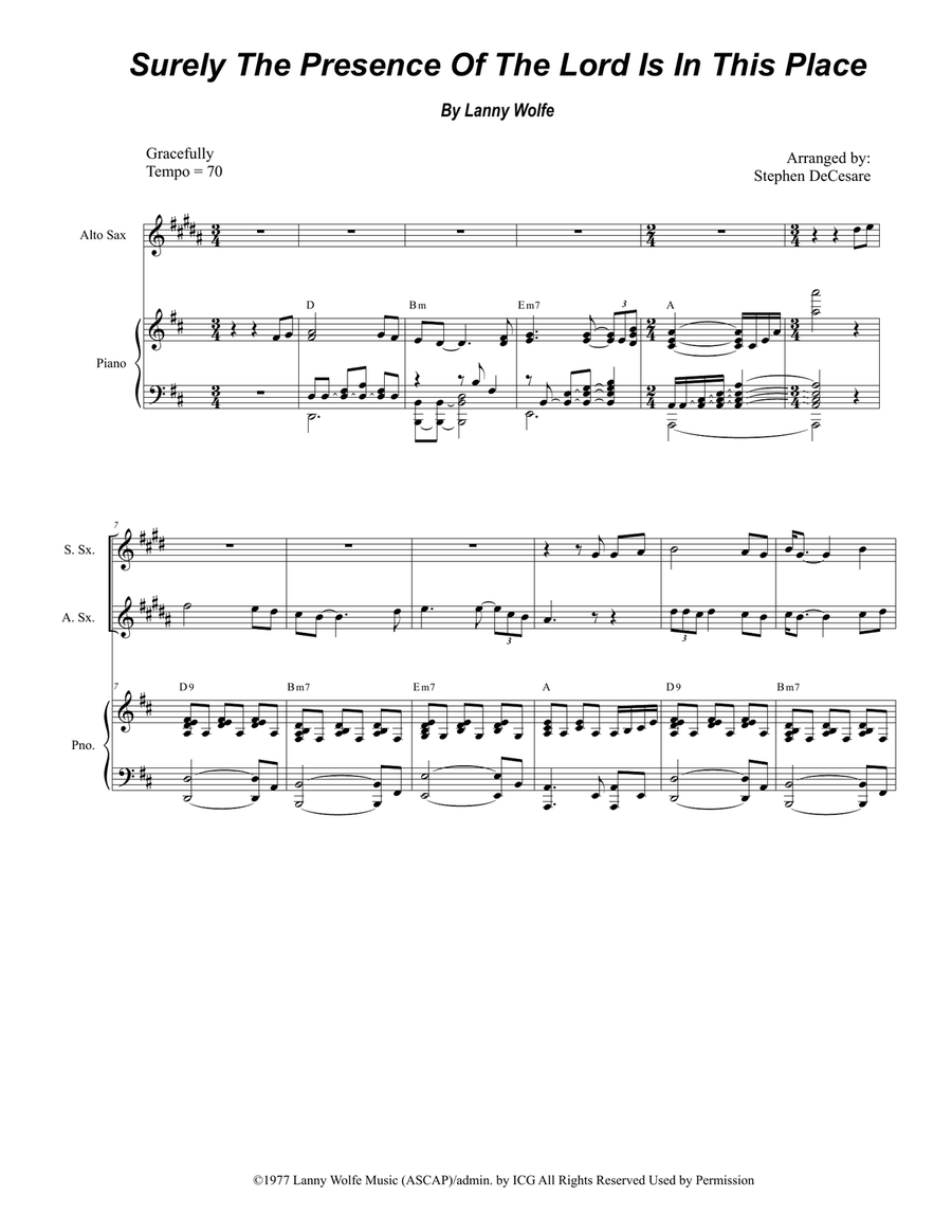 Surely The Presence Of The Lord Is In This Place Saxophone Quartet scores gallery preview page 1
