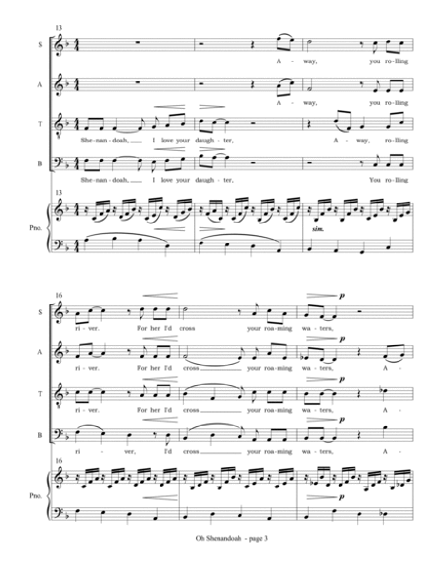 Oh Shenandoah (SATB choir and piano) 4-Part scores gallery preview page 5