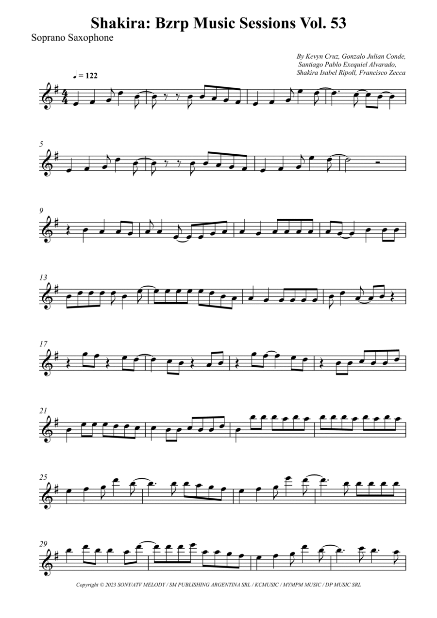 Shakira: Bzrp Music Sessions Vol. 53 Soprano Saxophone scores gallery preview page 1