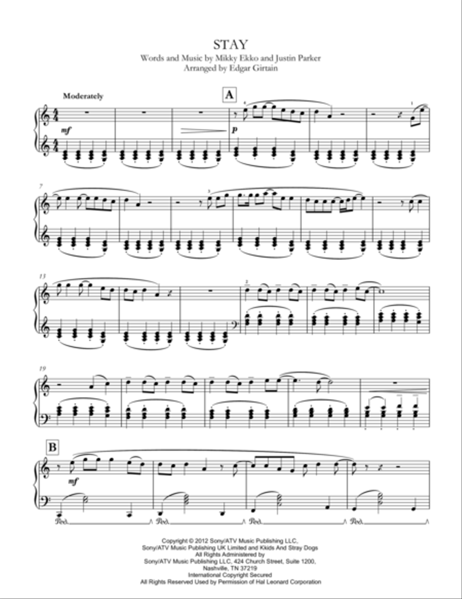 Stay by Miley Cyrus Easy Piano - Digital Sheet Music
