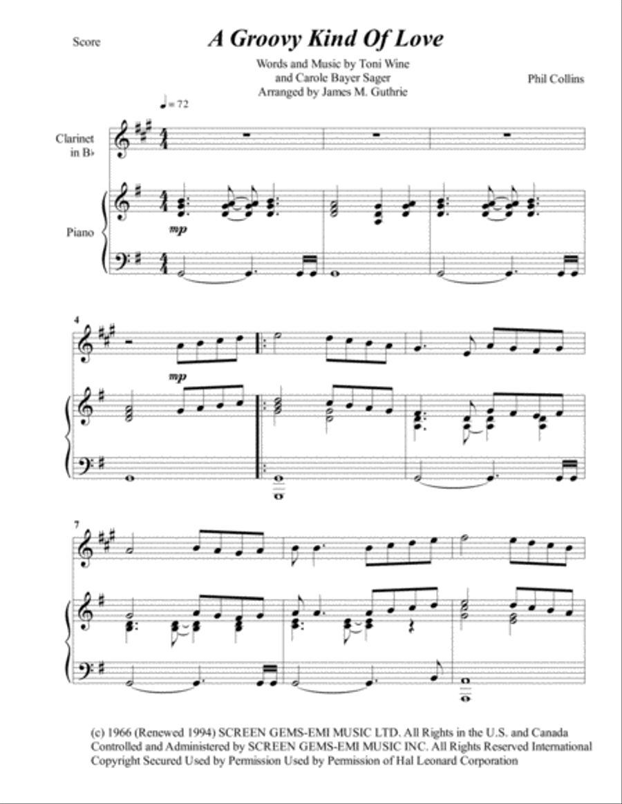 A Groovy Kind Of Love B-Flat Clarinet scores gallery preview page 1