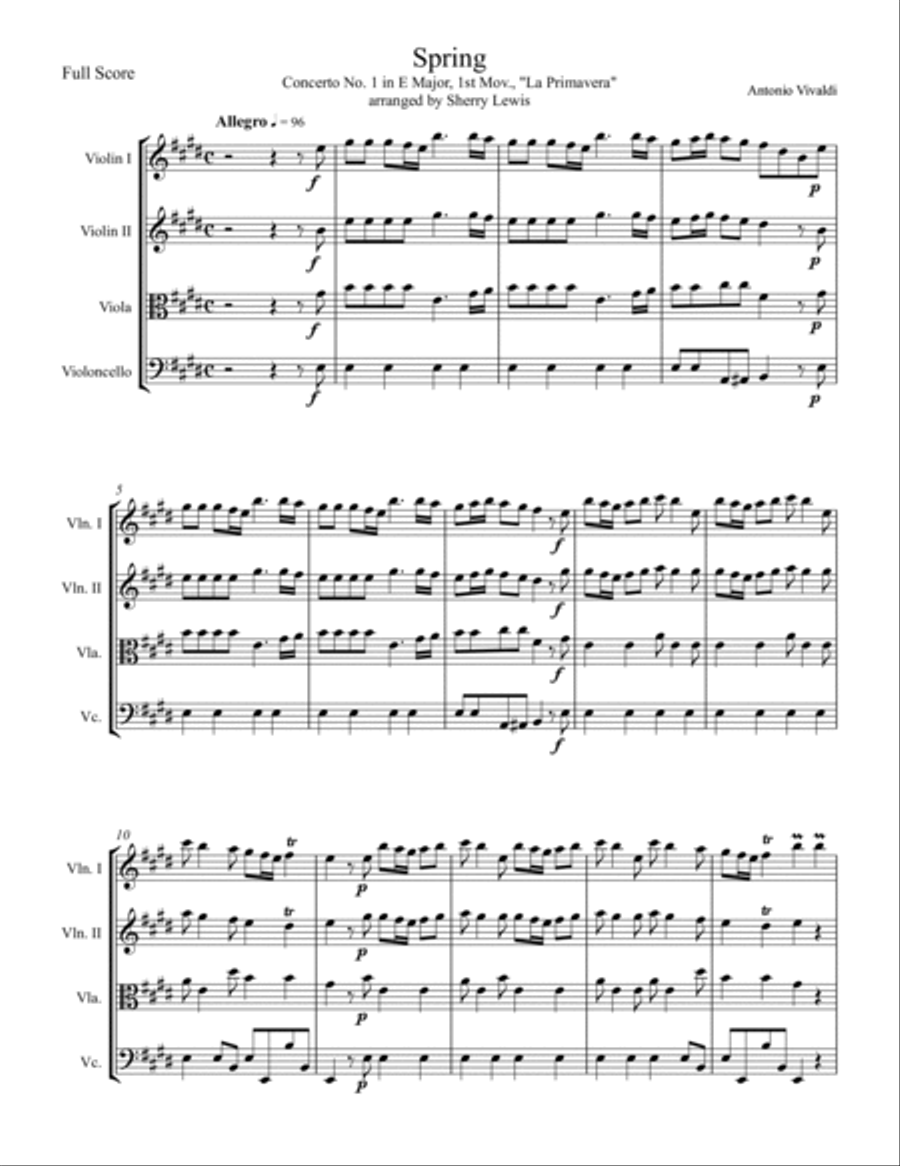 SPRING (La Primavera), 1st Mov, String Quartet, Intermediate Level for 2 violins, viola and cello String Quartet scores gallery preview page 4