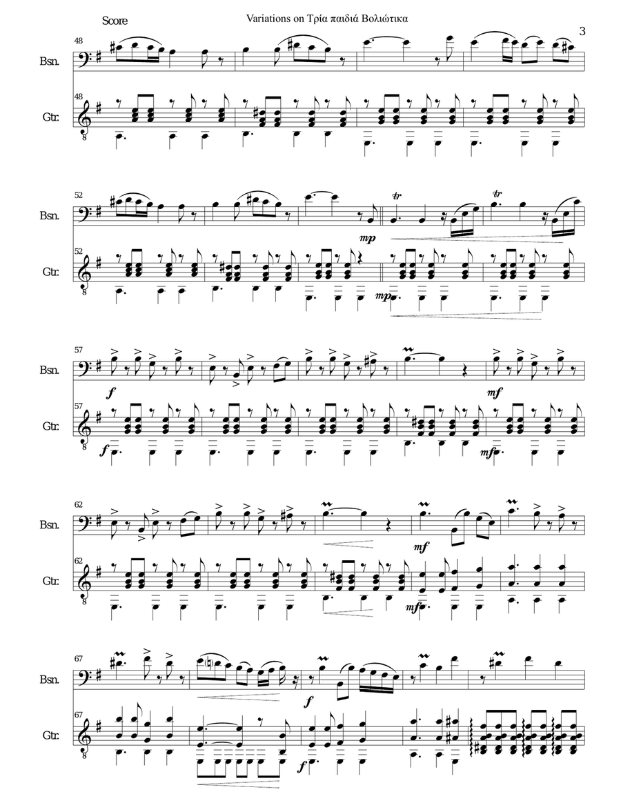 Variations on Tria paidia voliotika (Three young men from Volos) for bassoon and guitar Bassoon scores gallery preview page 3