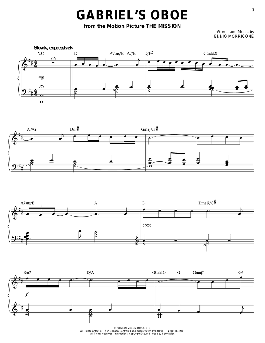 Gabriel's Oboe (from The Mission) Piano Solo scores gallery preview page 1