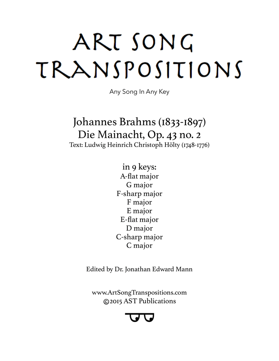 BRAHMS:Die Mainacht, Op. 43 no. 2 (in 9 keys: A-flat, G, F-sharp, F, E, E-flat, D, C-sharp, C major) Piano, Vocal scores gallery preview page 1
