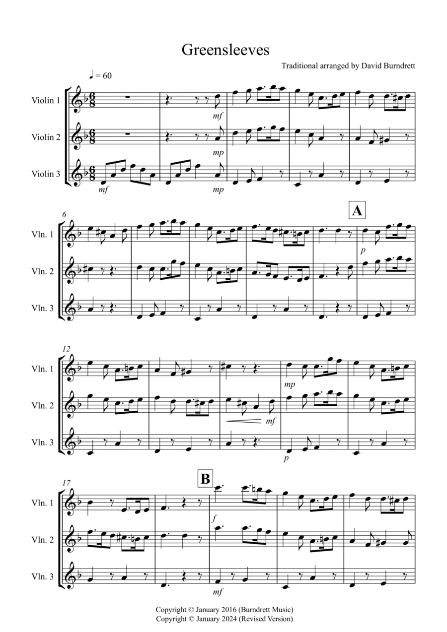 Greensleeves for Violin Trio Violin scores gallery preview page 1