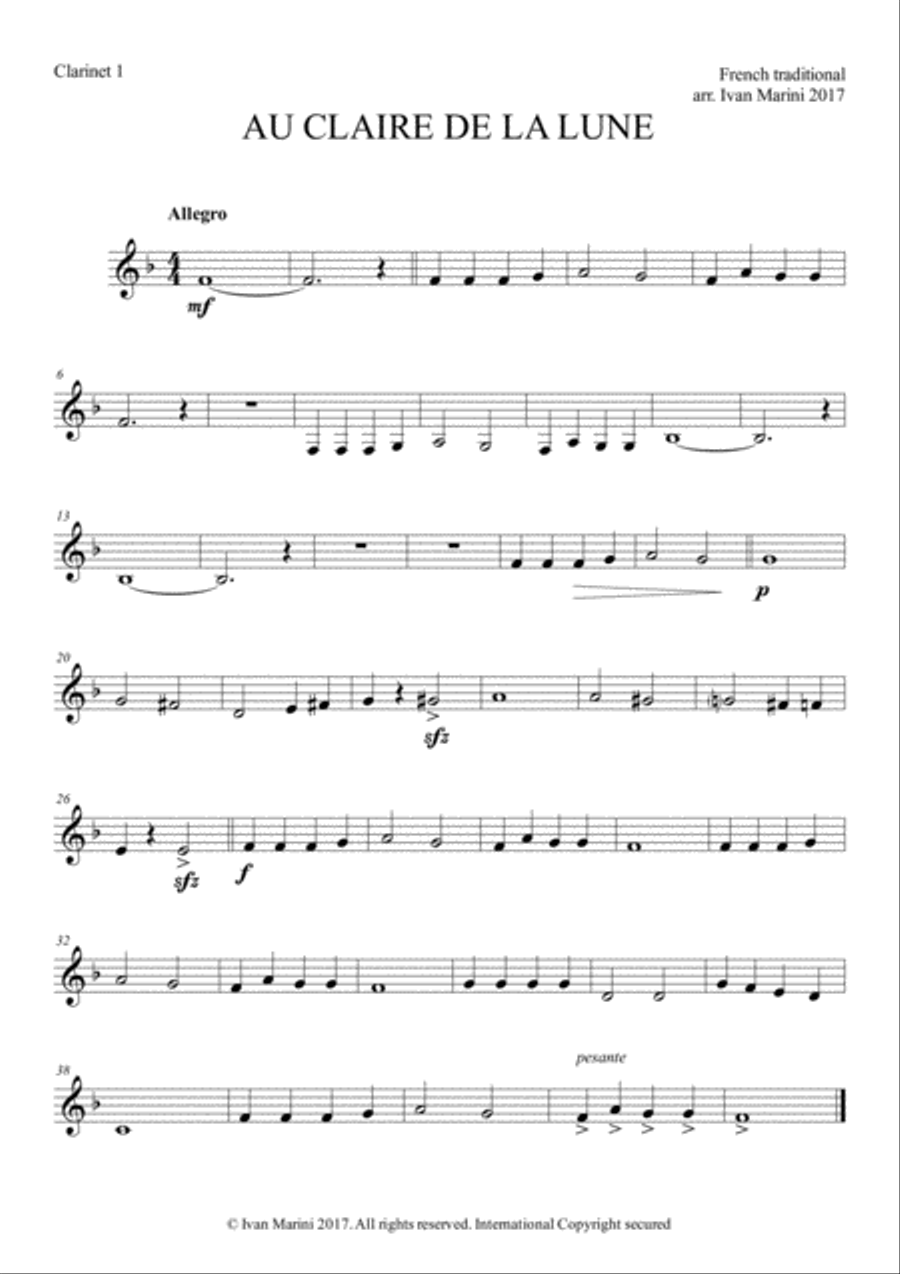 AU CLAIRE DE LA LUNE - for Easy Clarinet Quartet image number null