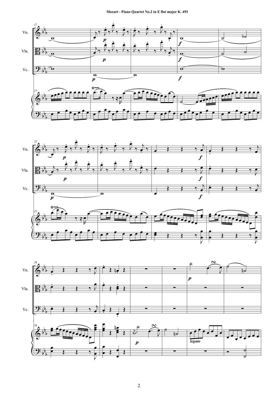 Mozart - Piano Quartet No.2 in E flat K 493 for Violin,Viola, Cello and Piano - Score and Parts image number null