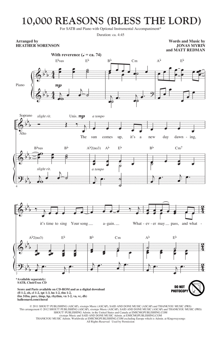10,000 Reasons (Bless The Lord) (arr. Heather Sorenson) by Matt Redman 4-Part - Digital Sheet Music