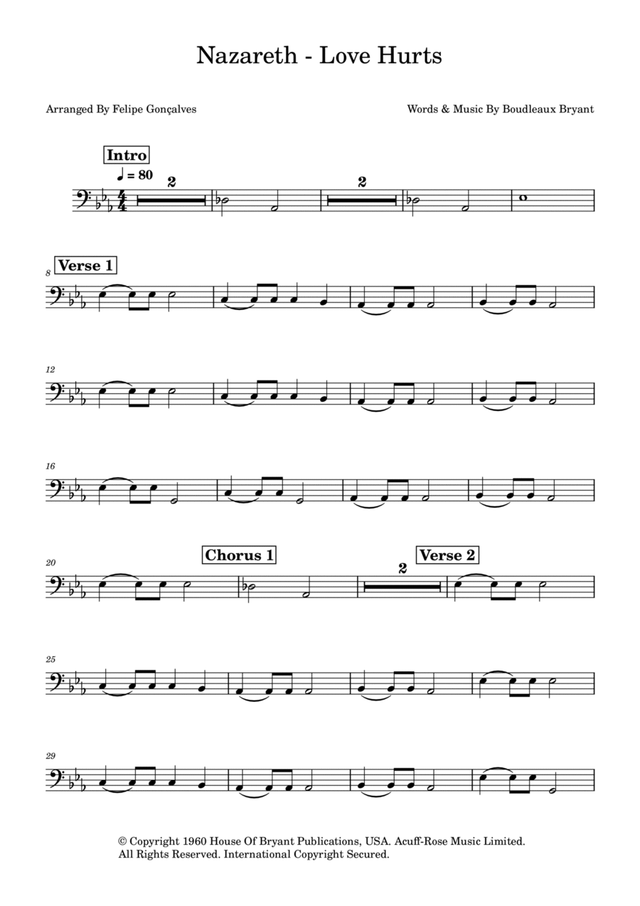 Love Hurts Bass Guitar scores gallery preview page 1