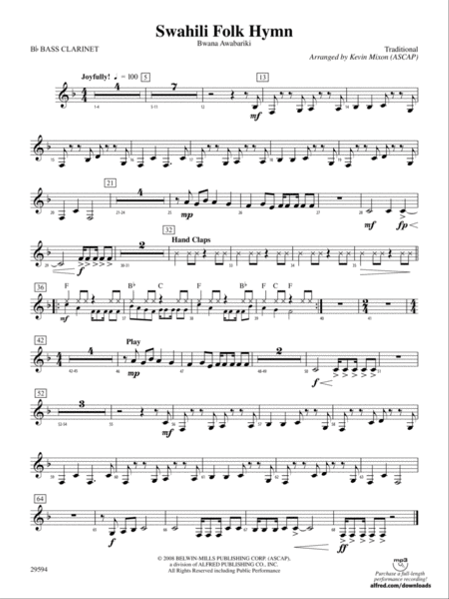 Swahili Folk Hymn (Bwana Awabariki): B-flat Bass Clarinet Concert Band scores gallery preview page 1