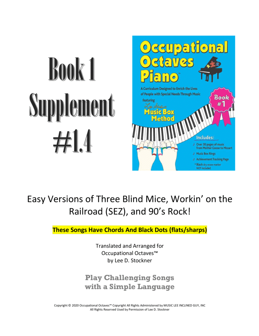 Occupational Octaves Piano™ Supplement 1.4 (Three Blind Mice, Workin' on the Railroad, and 90's Ro Piano Solo scores gallery preview page 1
