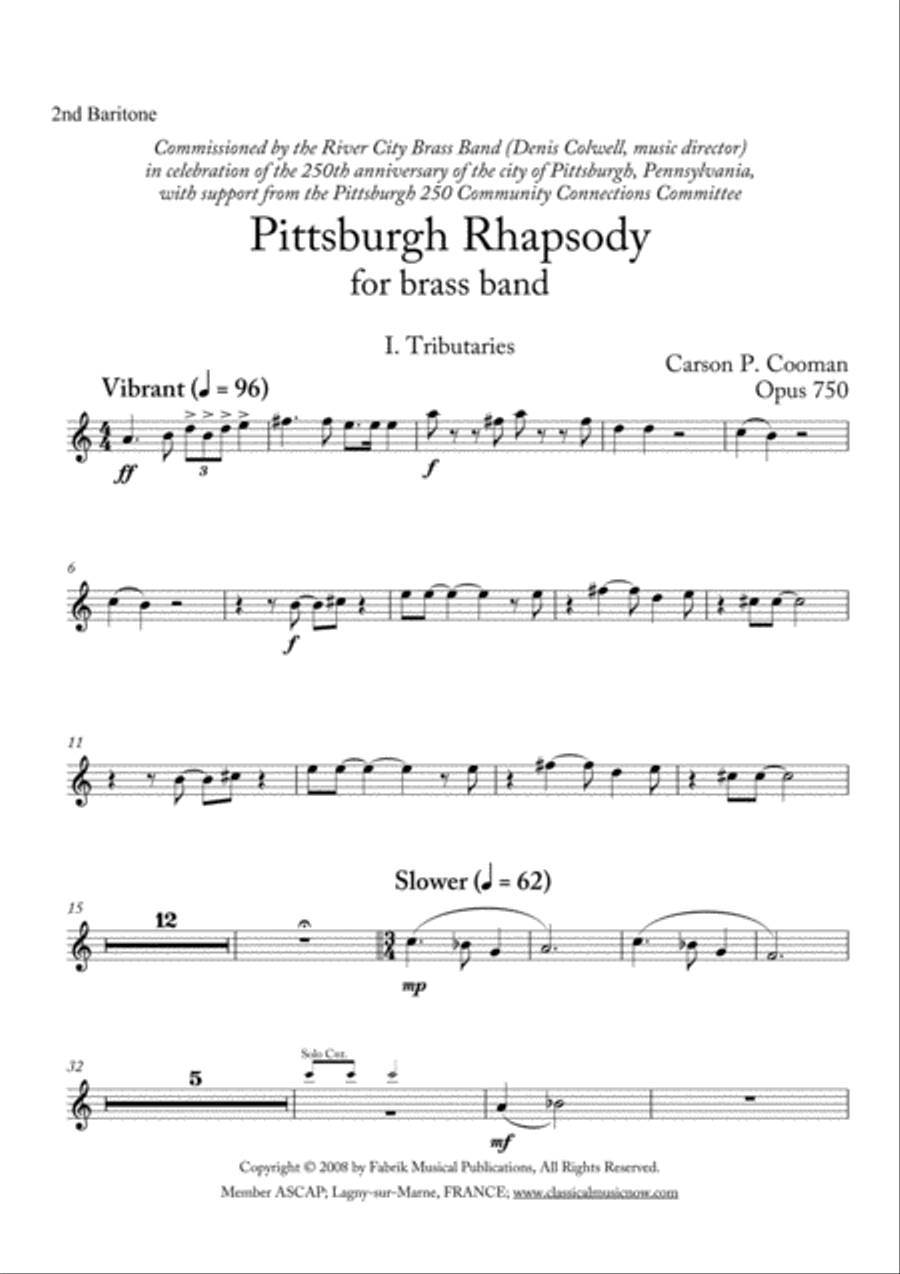 Carson Cooman: Pittsburgh Rhapsody (2008) for brass band, 2nd Bb baritone part Brass Band scores gallery preview page 1