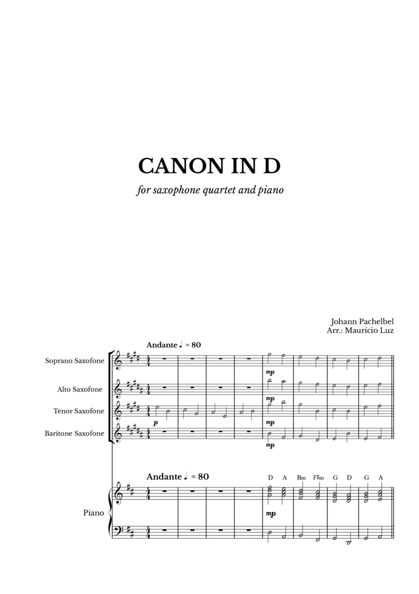 Canon in D for Saxophone Quartet and Piano with chords image number null