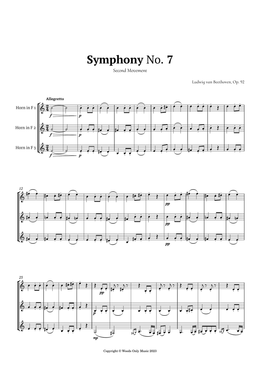 2nd Movement of Symphony No. 7 by Beethoven for French Horn Trio Brass Trio scores gallery preview page 1