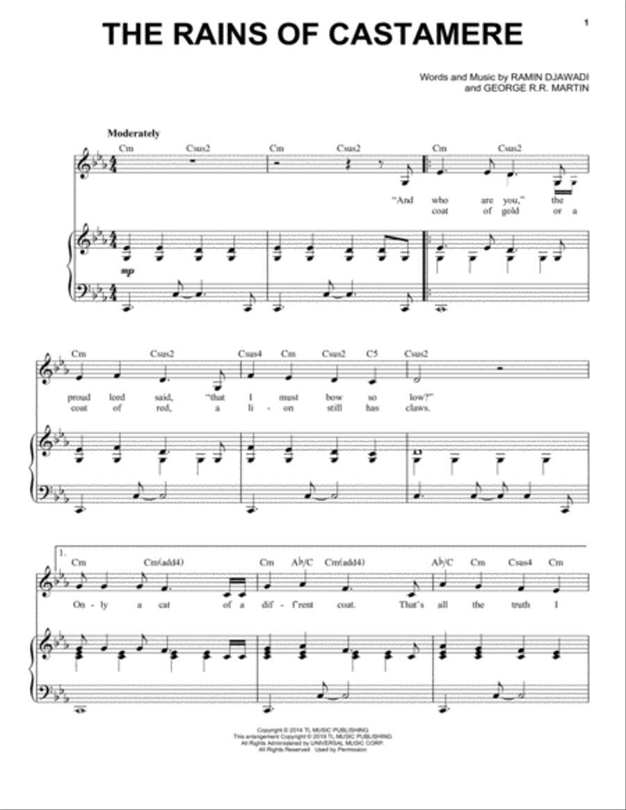 The Rains Of Castamere (from Game of Thrones) Piano, Vocal, Guitar scores gallery preview page 1