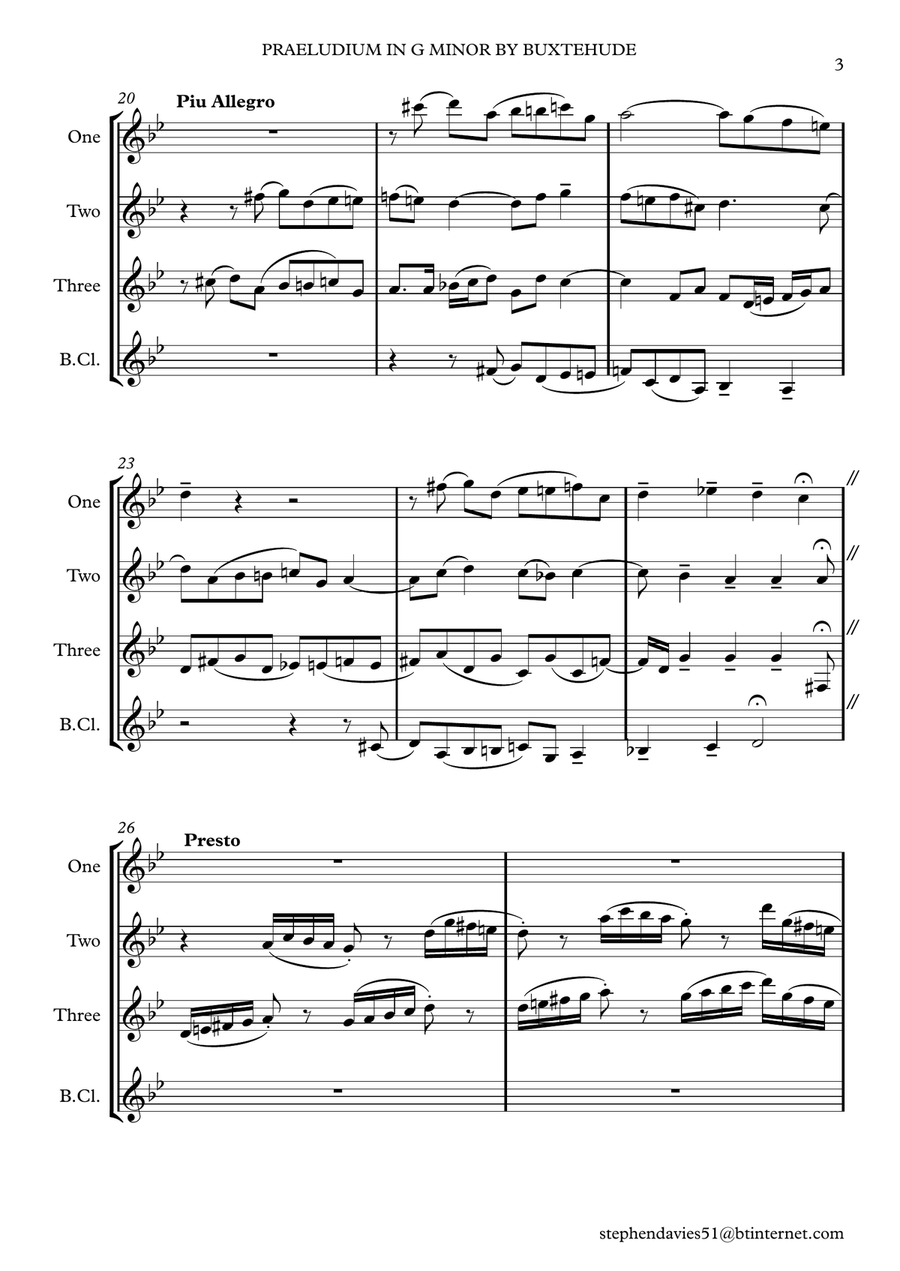 Praeludium & Fugue in G Minor by Dietrich Buxtehude (Buxwv148) for Clarinet Quartet. Clarinet Quartet scores gallery preview page 3